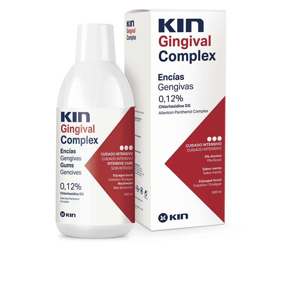 KinGingivalComplexMouthwash500ml Bottle of Kin Gingival Complex Mouthwash by Kin, a mouthwash indicated for controlling dental biofilm and strengthening gums.