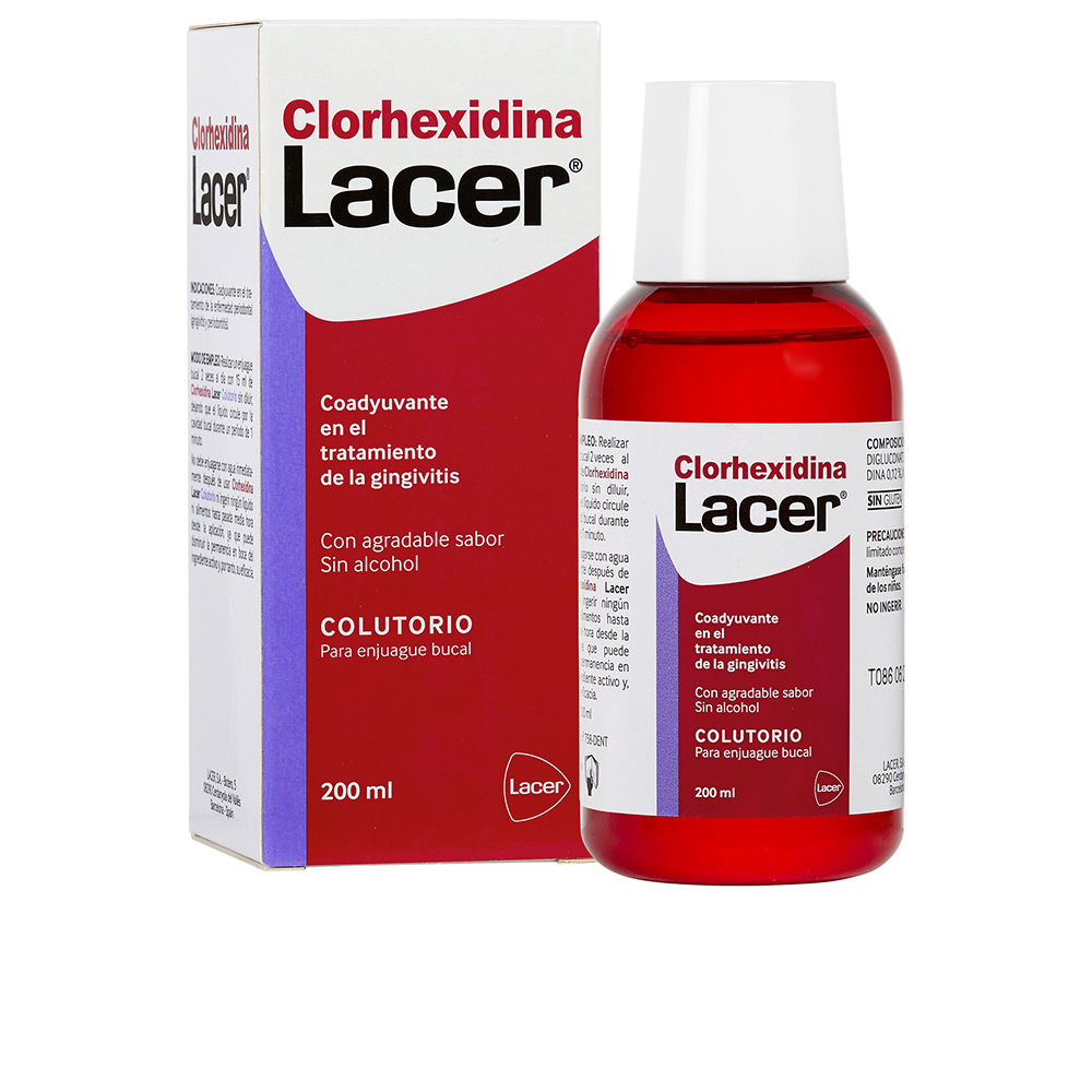 LacerChlorhexidineMouthwash200ml Bottle of Lacer Chlorhexidine Mouthwash by Lacer, a liquid mouthwash indicated for eliminating germs and bacterial plaque.
