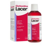 Bottle  of  Lacer  Chlorhexidine  Mouthwash  by  Lacer,  a  liquid  mouthwash  indicated  for  eliminating  germs  and  bacterial  plaque.