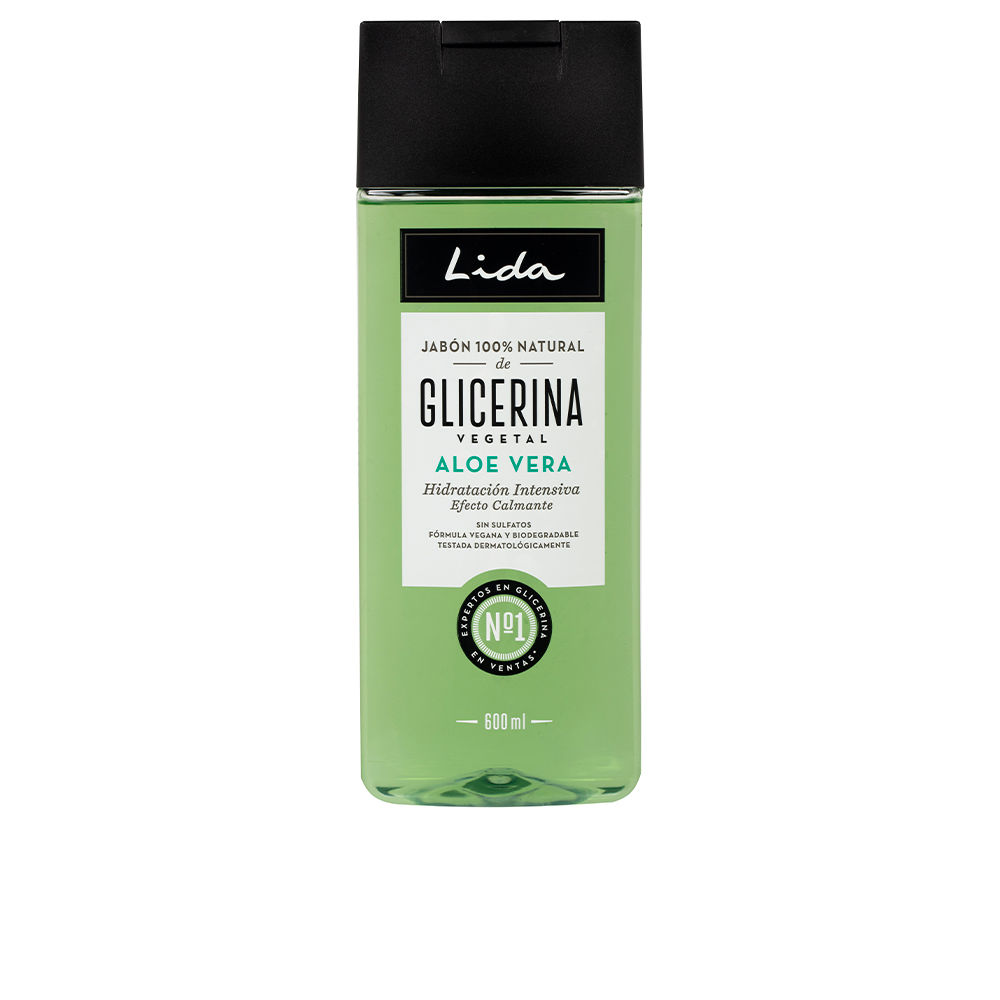 Lida100%NaturalGlycerinandAloeVeraSoap600ml Bottle of Lida 100% Natural Glycerin and Aloe Vera Soap by Lida, a liquid soap indicated for cleansing and hydrating the body.