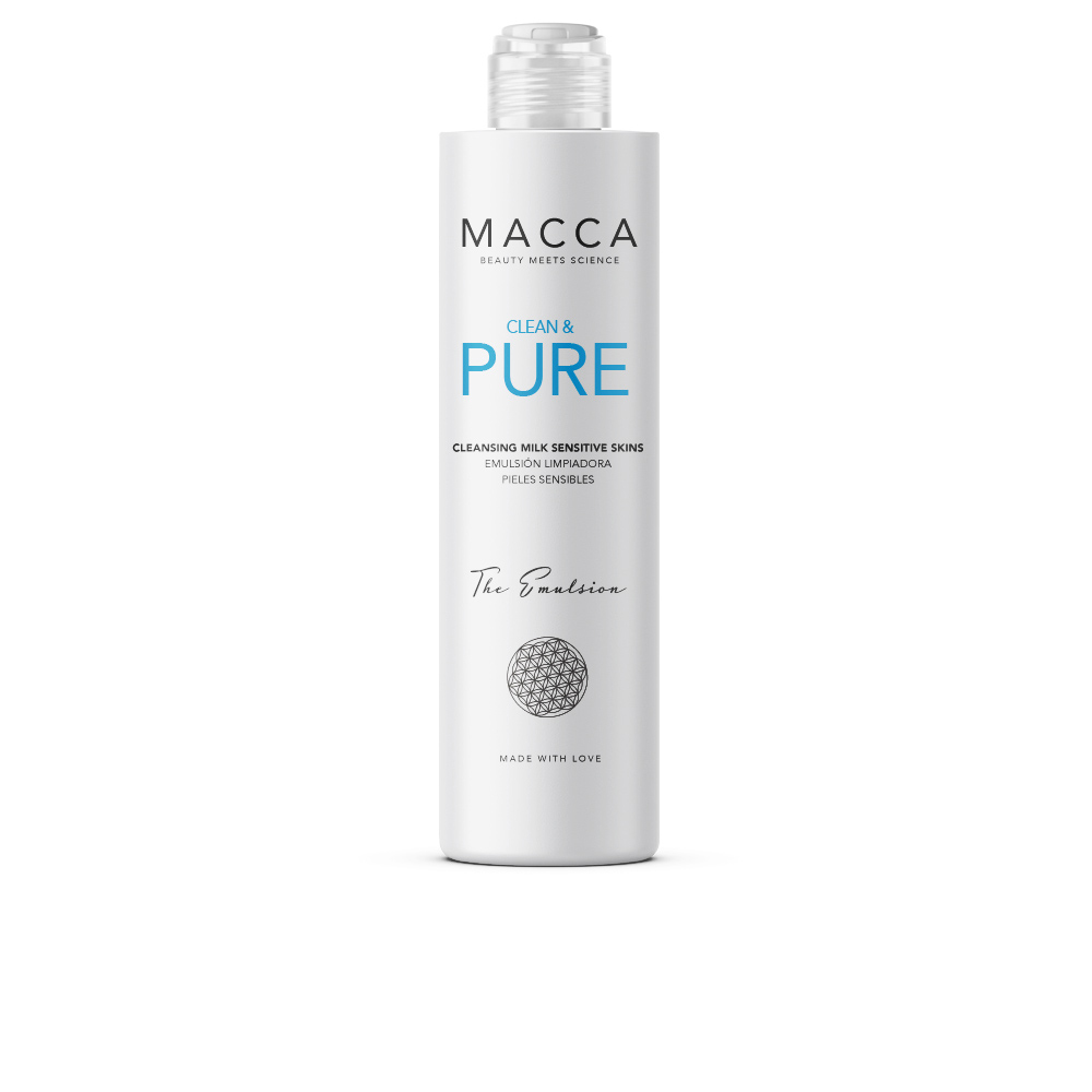 MaccaClean&PureCleansingMilkSensitiveSkin200ml Bottle of Macca Clean & Pure Cleansing Milk by Macca, an emulsion indicated for removing makeup and soothing sensitive skin.