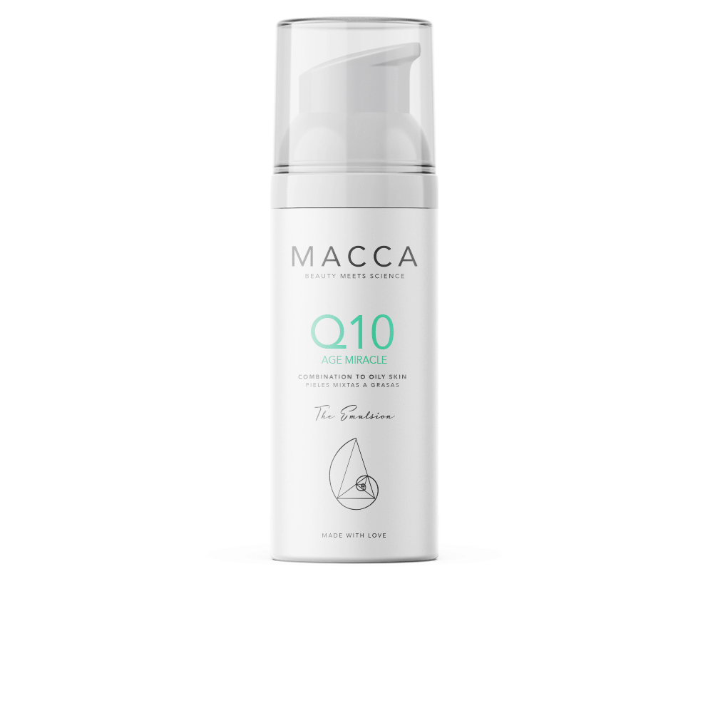 MaccaQ10AgeMiracleEmulsionCombinationToOilySkin50ml Bottle of Macca Q10 Age Miracle Emulsion by Macca, an emulsion indicated for reducing wrinkles and skin inflammation.