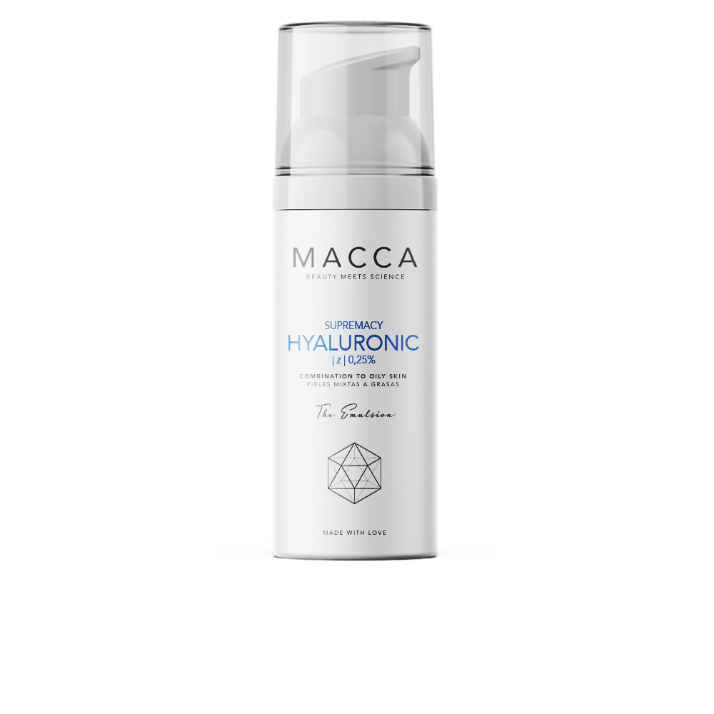 MaccaSupremacyHyaluronic0 Bottle of Macca Supremacy Hyaluronic Z 0,25% Emulsion by Macca, an emulsion indicated for hydrating and filling wrinkles.
