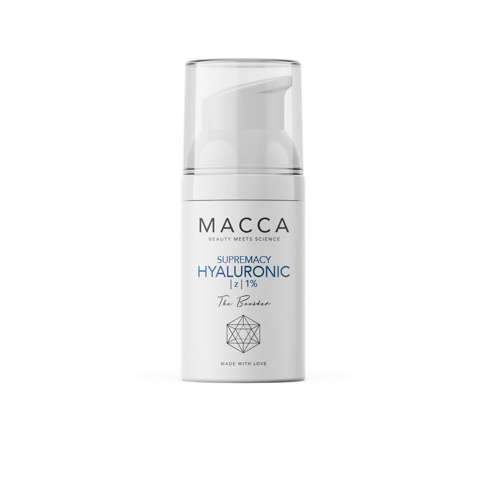 MaccaSupremacyHyaluronicZ1%Booster30ml Bottle of Macca Supremacy Hyaluronic Z 1% Booster by Macca, a serum indicated for hydrating skin and filling wrinkles.