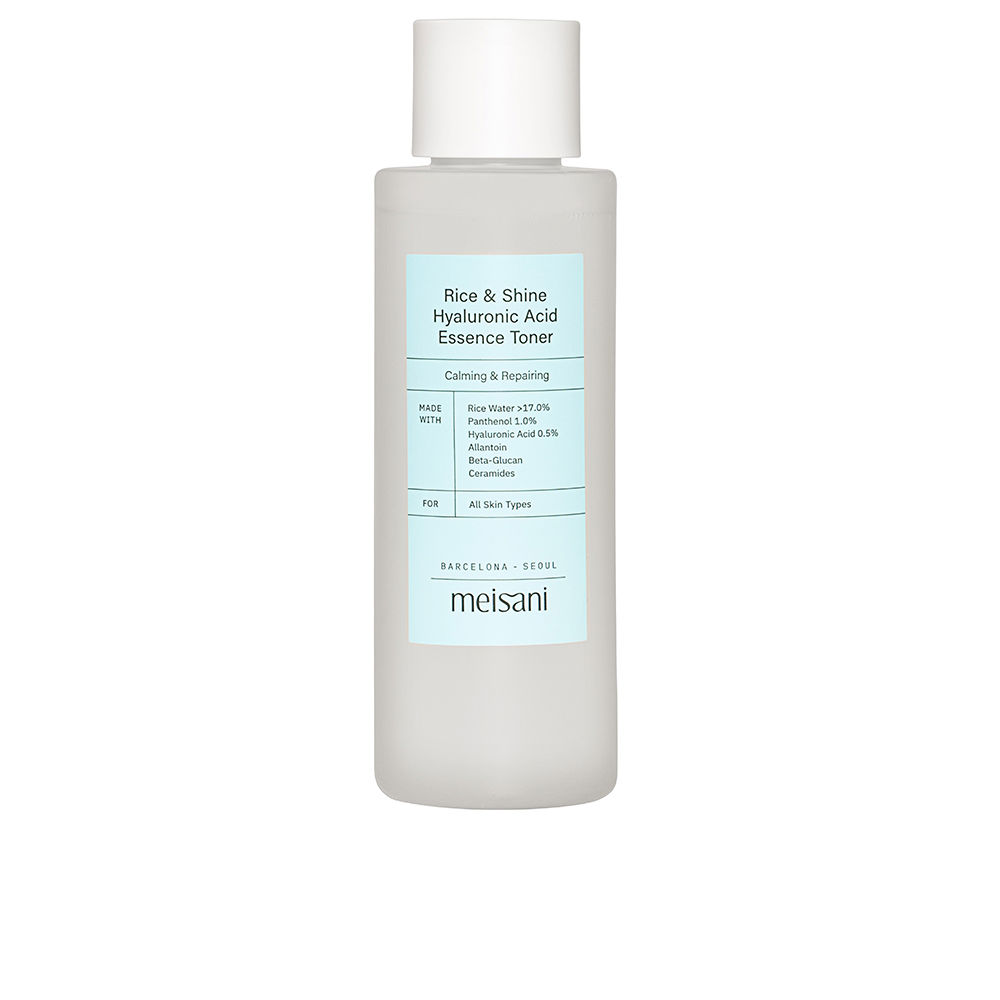 MeisaniRiceAndShineHyaluronicAcidEssenceToner150ml Bottle of Meisani Rice And Shine Hyaluronic Acid Essence Toner, a liquid toner indicated for restoring skin radiance.