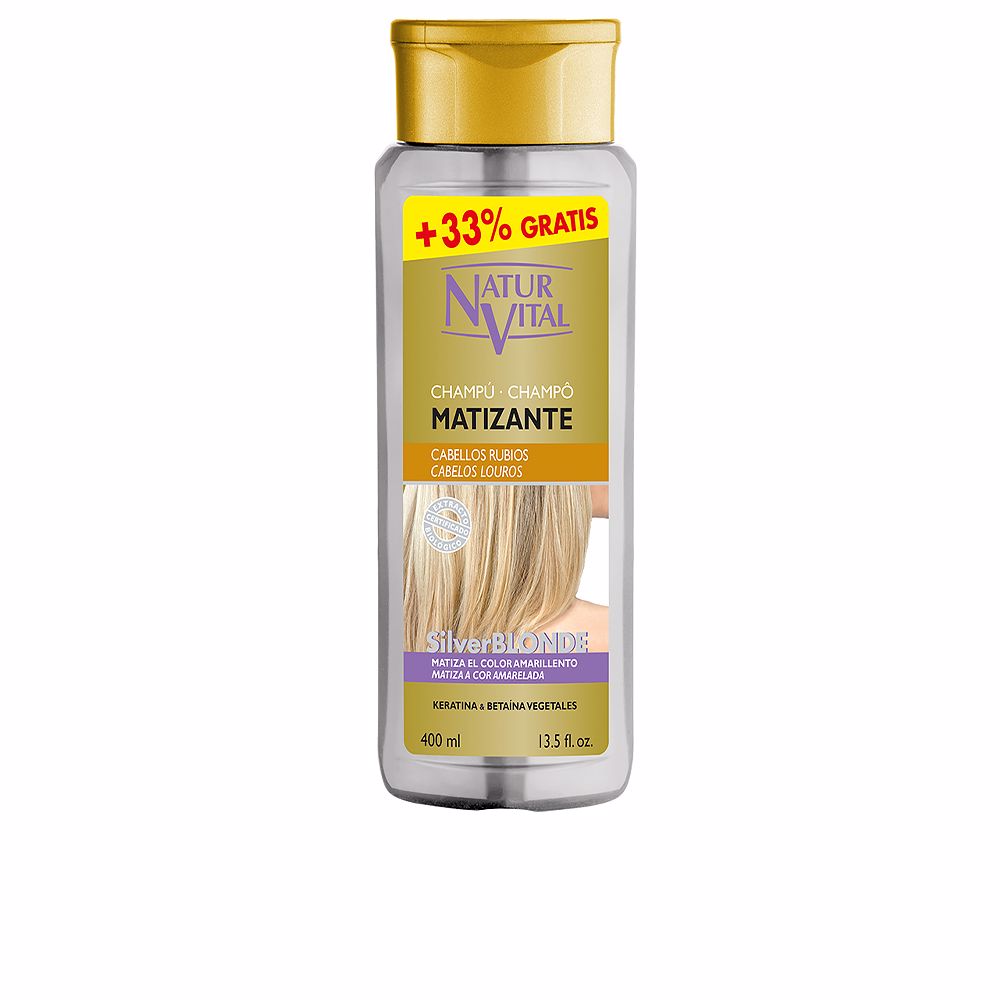 NaturVitalSilverBlondeToningShampoo400ml Bottle of Natur Vital SilverBlonde Toning Shampoo by Natur Vital, a shampoo indicated for neutralizing yellow tones in hair.