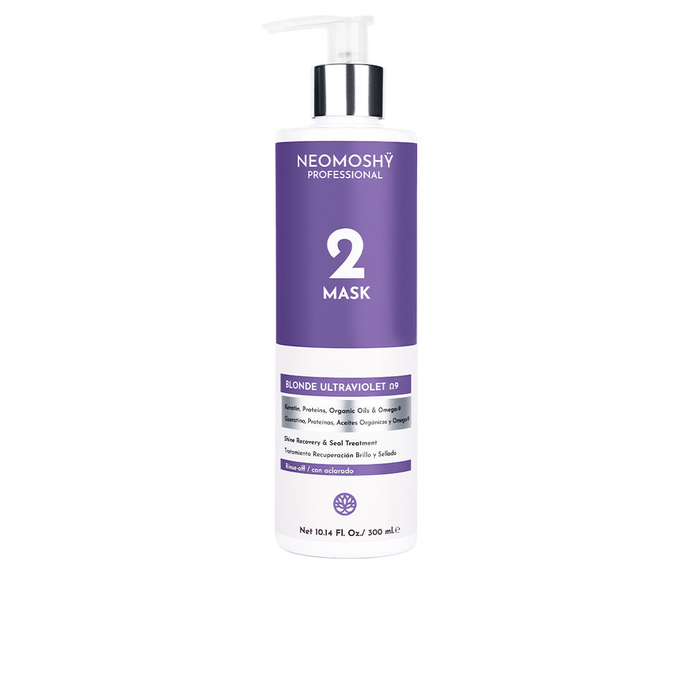 NeomoshÿBlondeUltravioletΩ9Mask300ml Jar of Neomoshÿ Blonde Ultraviolet Ω9 Mask by Neomoshÿ, a creamy mask indicated for neutralizing brassy blonde tones.