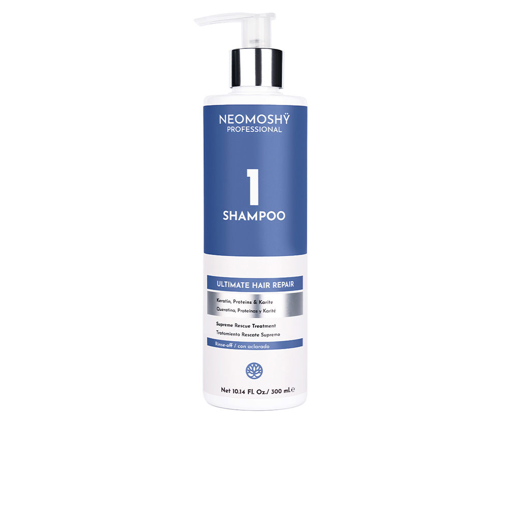 NeomoshÿUltimateHairRepairShampoo300ml Bottle of Neomoshÿ Ultimate Hair Repair Shampoo by Neomoshÿ, a creamy shampoo indicated for repairing damaged hair.