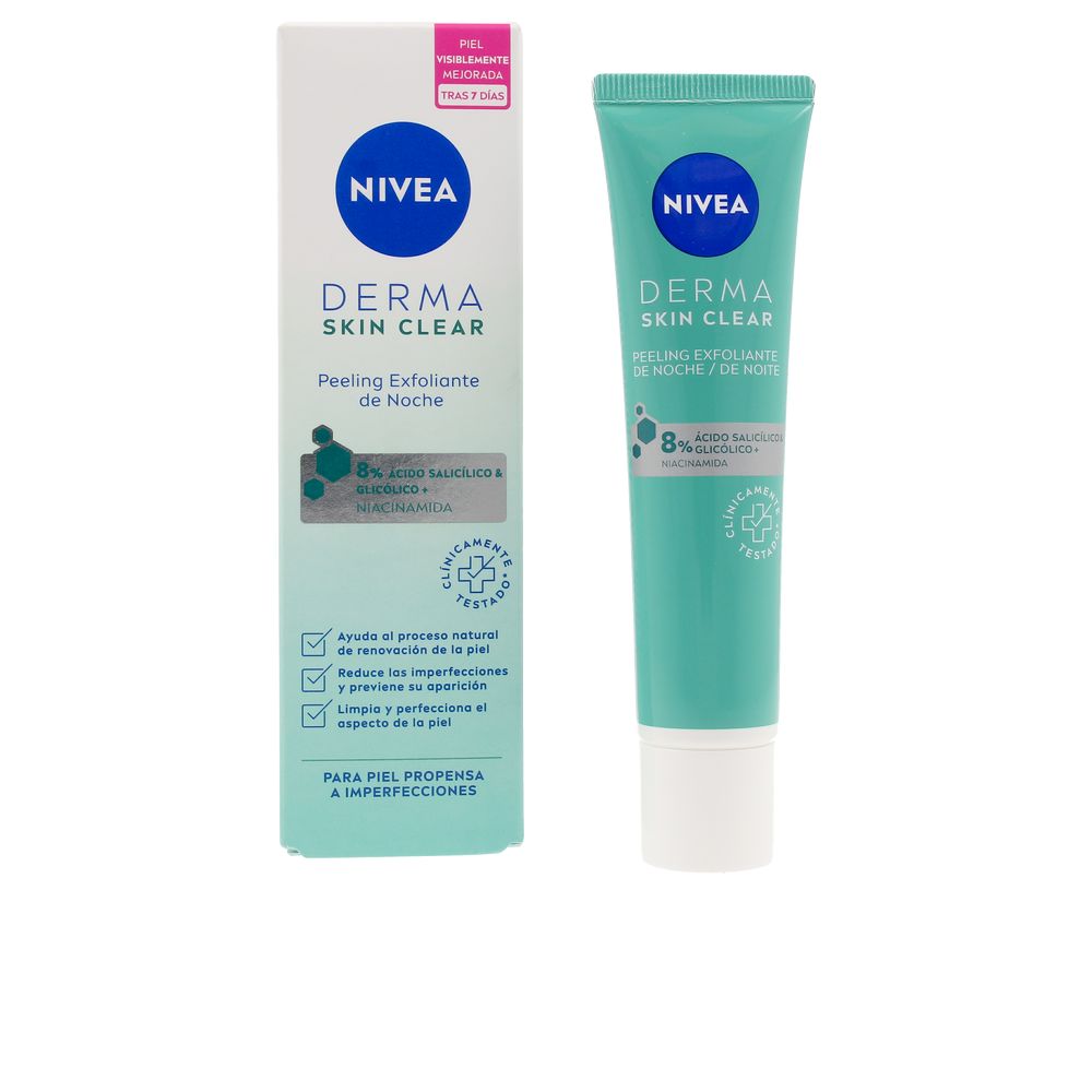 NiveaDermaSkinClearFacialNightPeelingExfoliant40ml Tube of Nivea Derma Skin Clear Facial Night Peeling Exfoliant by Nivea, a night scrub indicated for removing dead skin cells.