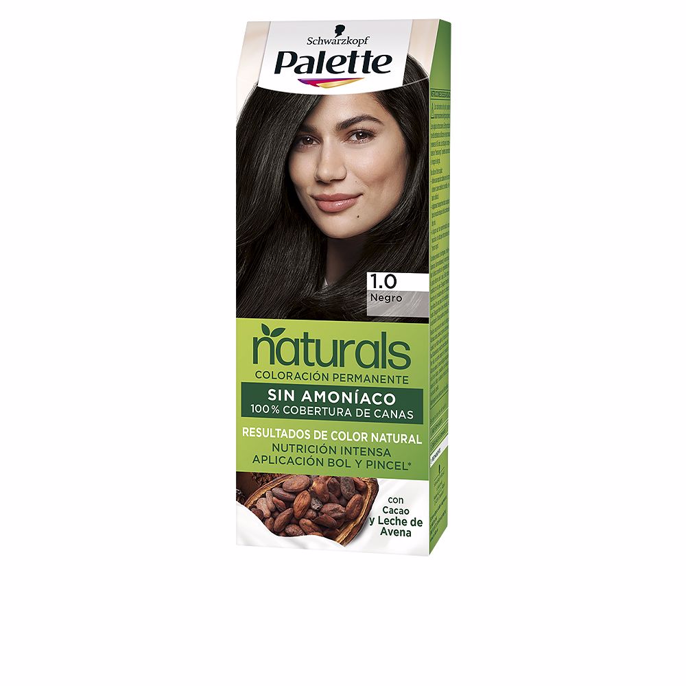 SchwarzkopfPaletteNaturalPermanentHairColor1.0Black Product container of Schwarzkopf Palette Natural Permanent Hair Color 1.0 Black, a cream indicated for gray coverage and vibrant tone.