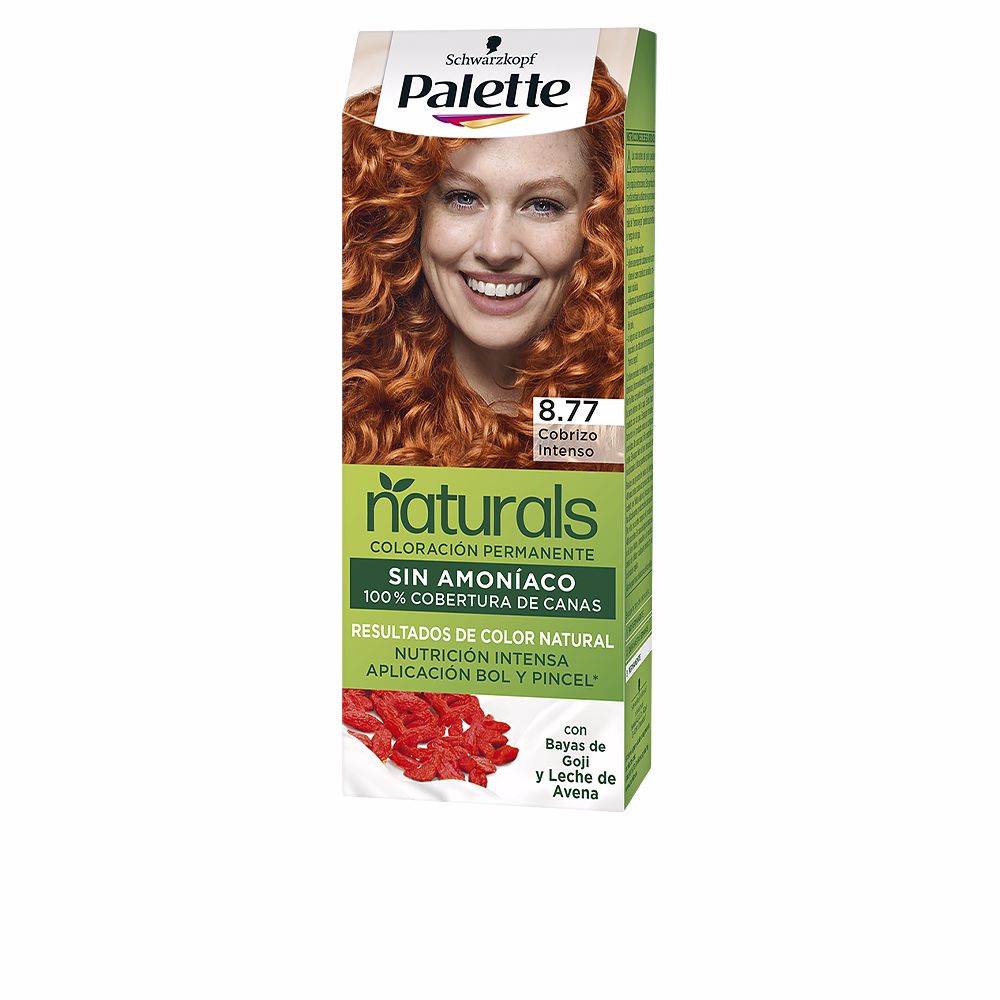 SchwarzkopfPaletteNaturalPermanentHairColor8.77IntenseCopper Box of Palette Natural Permanent Hair Color 8.77 Intense Copper by Schwarzkopf, a cream dye indicated for natural reflections and gray coverage.