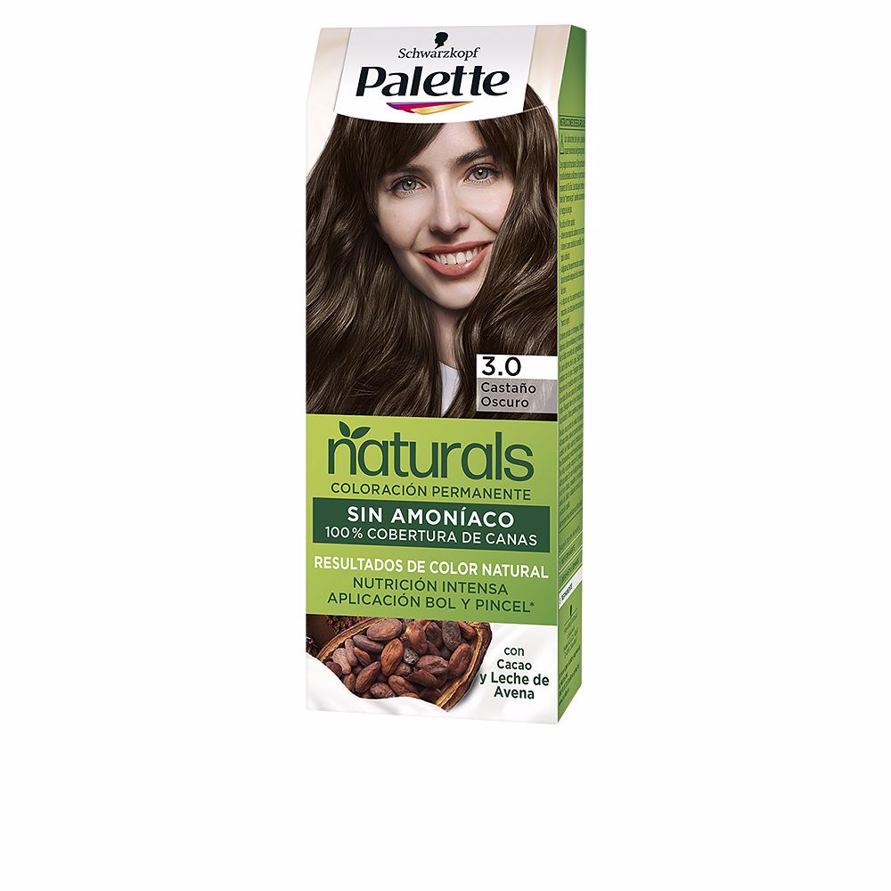 SchwarzkopfPaletteNaturalPermanentHairColorDarkBrown Product container of Schwarzkopf Palette Natural Permanent Hair Color Dark Brown, a cream indicated for gray coverage and vibrant color.