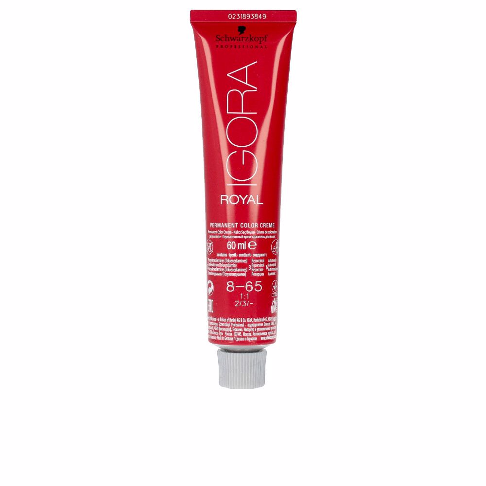 SchwarzkopfIgoraRoyalPermanentHairColor8-65 Product container of Schwarzkopf Igora Royal Permanent Hair Color 8-65 by Schwarzkopf, a coloring cream for light blonde hair color.