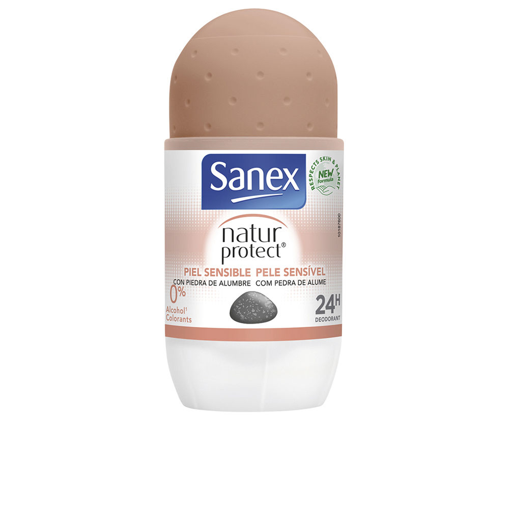 SanexNaturProtect0%AlumStoneDeoSensitiveRoll-On50ml Bottle of Sanex Natur Protect 0% Alum Stone Deo Roll-On, a roll-on deodorant indicated for sensitive skin protection.