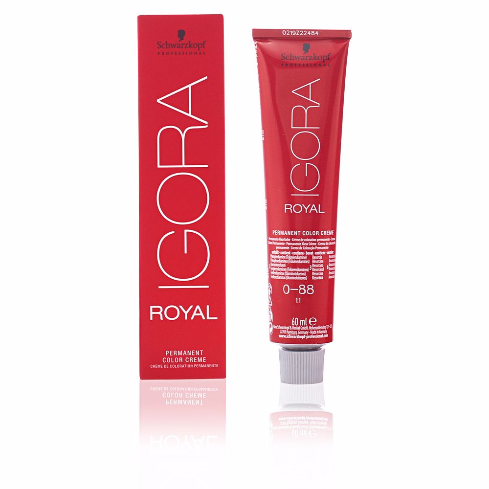 SchwarzkopfIgoraRoyalPermanentHairColor0-88 Product container of Schwarzkopf Igora Royal Permanent Hair Color 0-88 by Schwarzkopf, a coloring cream for vibrant red hair color.