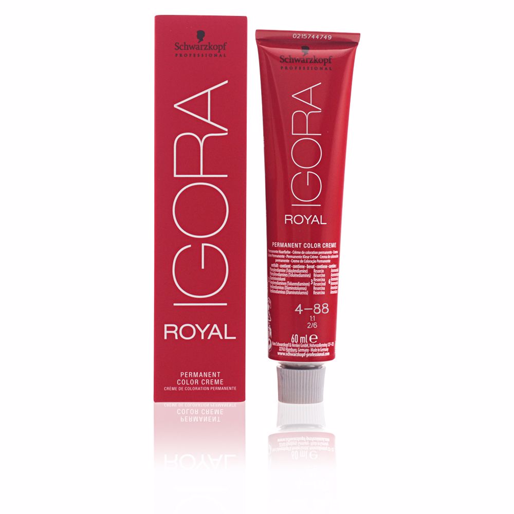 SchwarzkopfIgoraRoyalPermanentHairColor4-88 Product container of Schwarzkopf Igora Royal Permanent Hair Color 4-88 by Schwarzkopf, a coloring cream for vibrant long-lasting color.