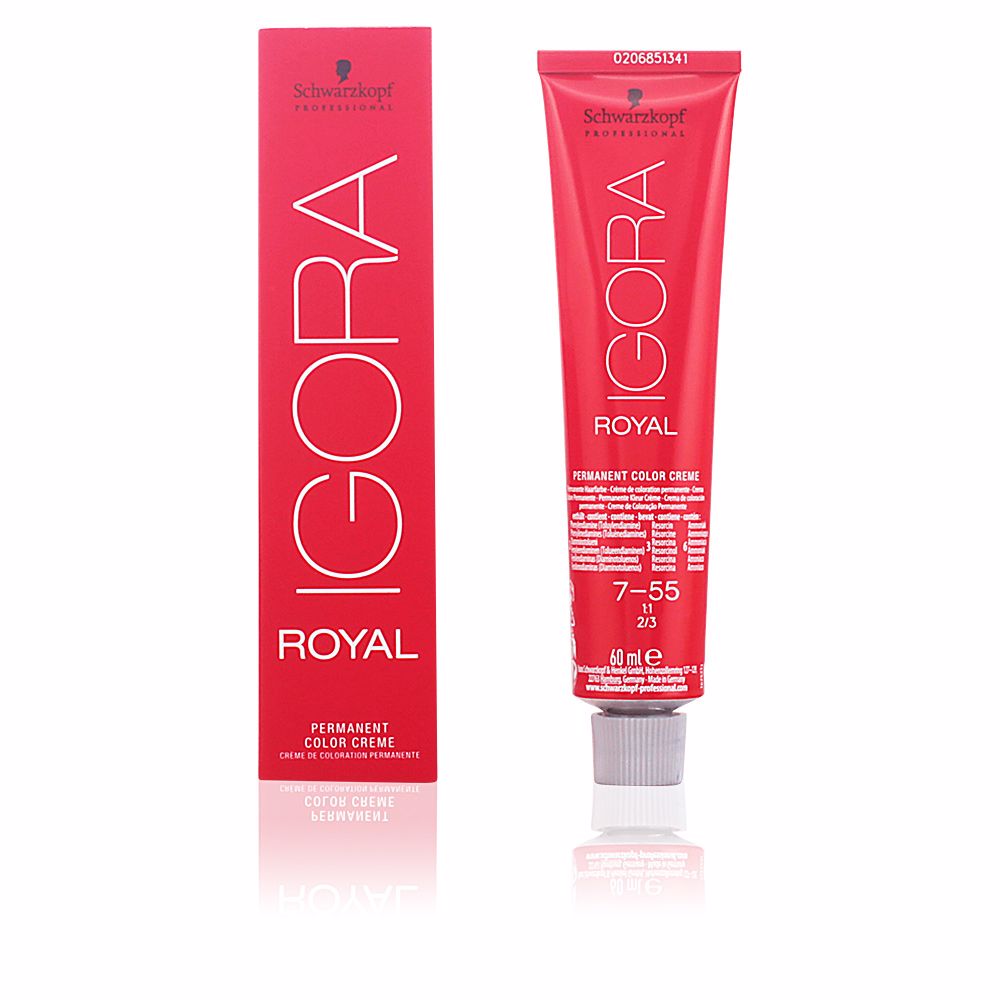 SchwarzkopfIgoraRoyalPermanentHairColor7-55 Product container of Schwarzkopf Igora Royal Permanent Hair Color 7-55 by Schwarzkopf, a coloring cream for vibrant long-lasting color.