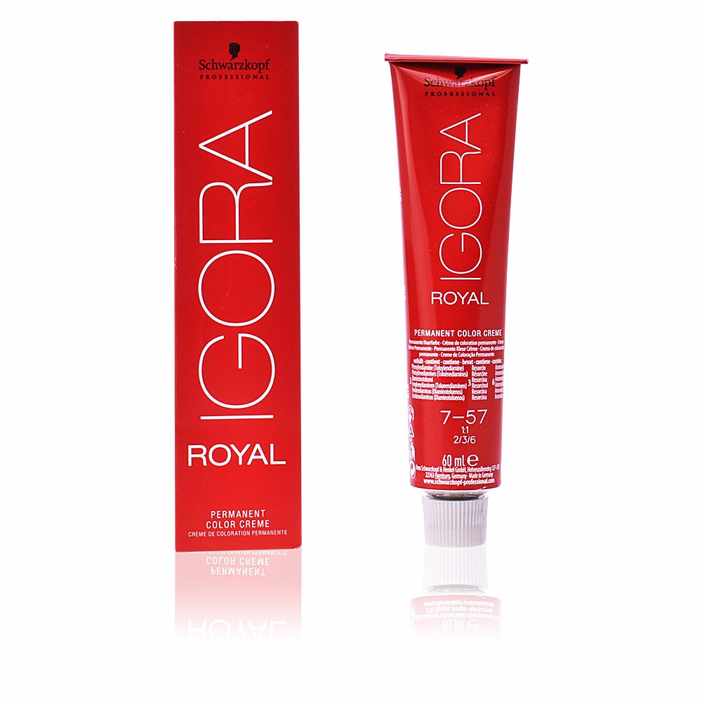 SchwarzkopfIgoraRoyalPermanentHairColor7-57 Product container of Schwarzkopf Igora Royal Permanent Hair Color 7-57, a coloring cream indicated for long-lasting hair color.