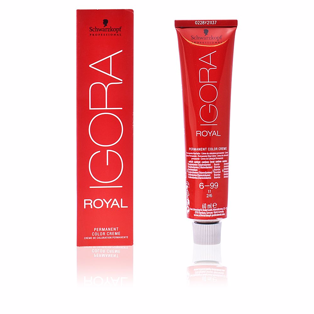 SchwarzkopfIgoraRoyalPermanentHairColor6-99 Product container of Schwarzkopf Igora Royal Permanent Hair Color 6-99, a coloring cream indicated for long-lasting hair color.
