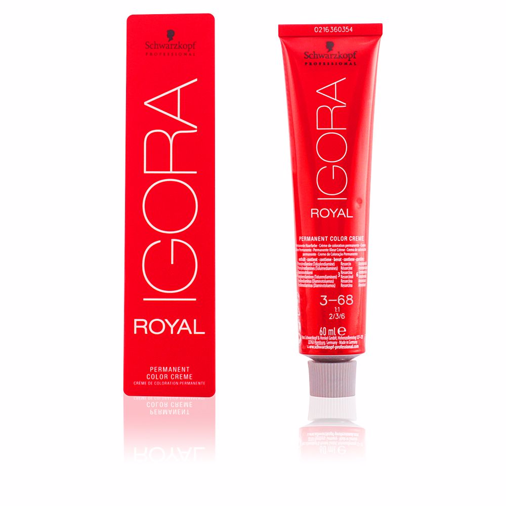SchwarzkopfIgoraRoyalPermanentHairColor3-68 Product container of Schwarzkopf Igora Royal Permanent Hair Color 3-68 by Schwarzkopf, a coloring cream for dark brown hair color.