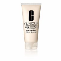 Bottle  of  Clinique  Deep  Comfort  Body  Wash  by  Clinique,  a  moisturizing  gel  indicated  for  cleansing  and  soothing  dry  body  skin.