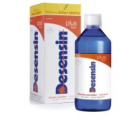 Bottle  of  Desensin  Plus  Fluor  Mouthwash  by  Desensin,  a  soothing  mouthwash  indicated  for  relieving  tooth  sensitivity  and  enamel  strength.