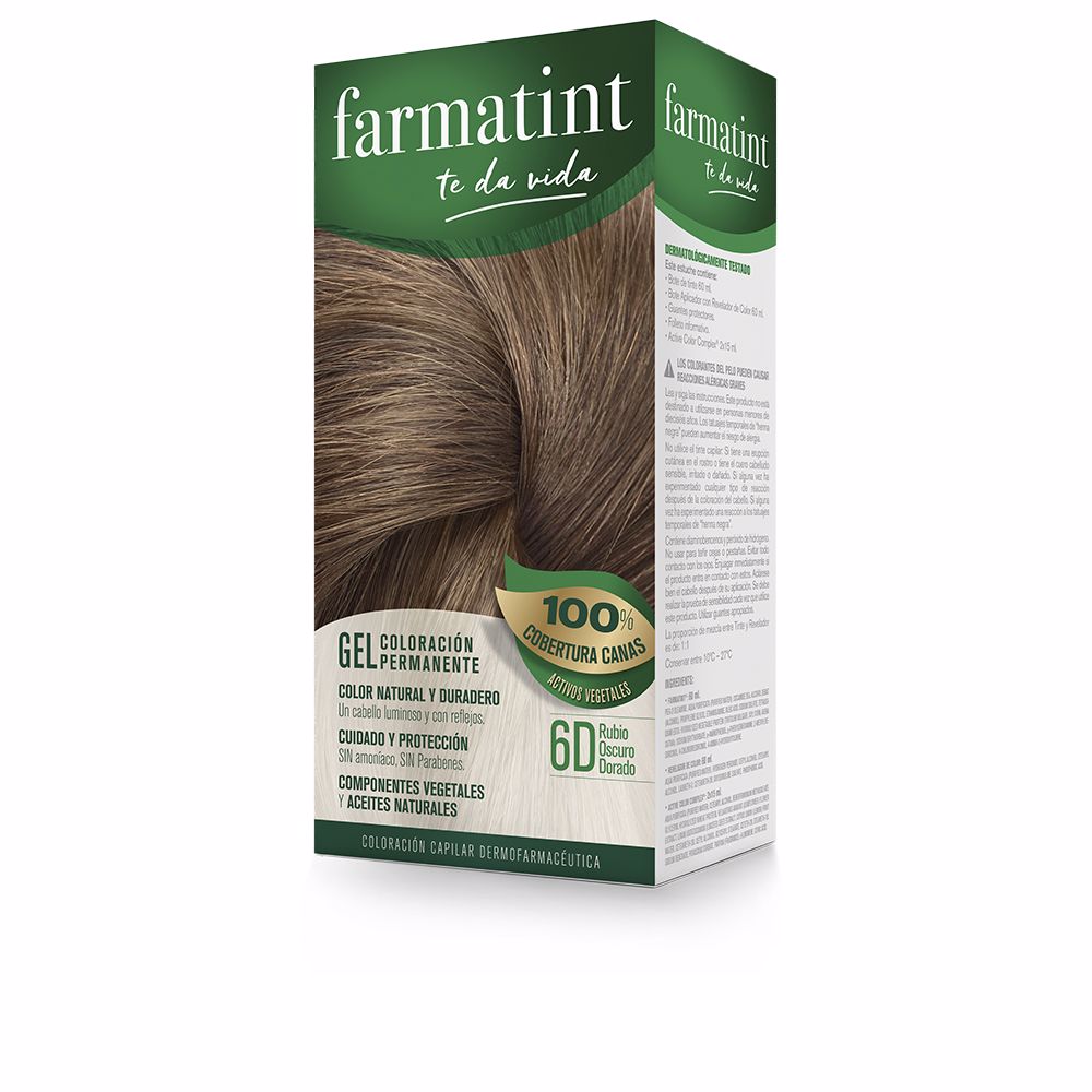 FarmatintGelPermanentHairColor6DDarkGoldenBlonde Box of Farmatint Gel Permanent Hair Color 6D Dark Golden Blonde by Farmatint, a hair dye indicated for covering gray hair.