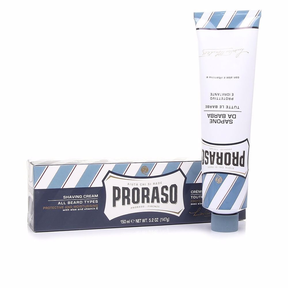 ProrasoBlueShavingCream150ml Tube of Proraso Blue Shaving Cream by Proraso, a shaving cream indicated for protecting and hydrating skin during shaving.