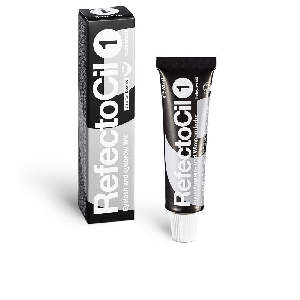 RefectocilEyelashAndEyebrowTintColor1PureBlack15ml Product container of Refectocil Eyelash And Eyebrow Tint Color 1 Pure Black by Refectocil, a tint for enhancing lash and brow color.