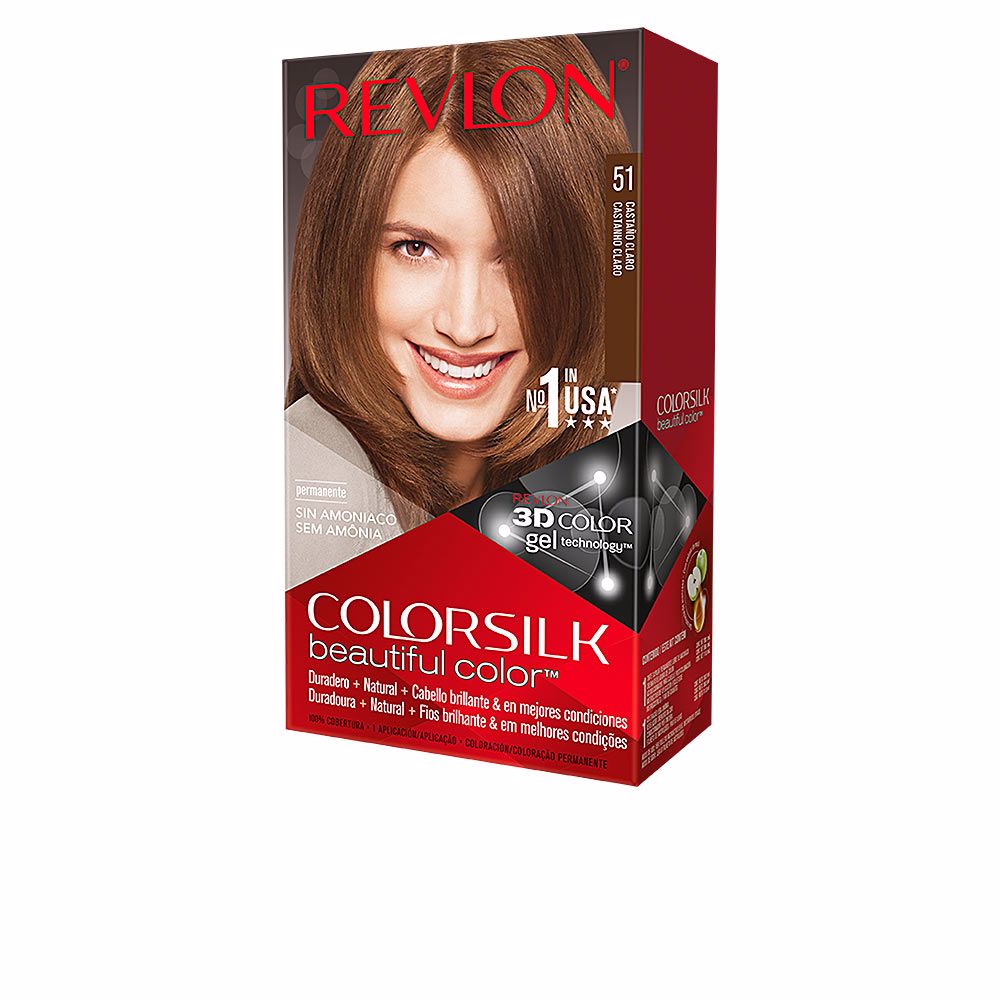 SchwarzkopfIgoraVibranceHairColor6-0 Box of Revlon ColorSilk Permanent Hair Color 51 Light Brown by Revlon, a permanent hair dye indicated for gray hair coverage.