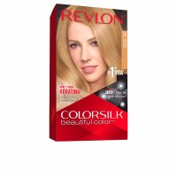 Box  of  Revlon  ColorSilk  Permanent  Hair  Color  74  Medium  Blonde  by  Revlon,  a  permanent  hair  dye  indicated  for  gray  hair  coverage.