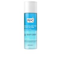 Bottle  of  Roc  Double  Action  Eye  Makeup  Remover  by  Roc,  a  liquid  cleanser  indicated  for  removing  waterproof  eye  makeup.