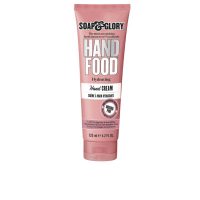 Tube  of  Hand  Food  Hydrating  Hand  Cream  by  Soap  &  Glory,  a  creamy  cream  indicated  for  moisturizing  hands  and  cuticles.