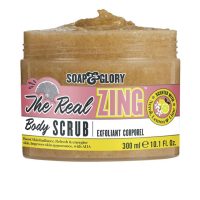 Product  container  of  The  Real  Zing  Body  Scrub  by  Soap  &  Glory,  a  creamy  scrub  indicated  for  exfoliating  dead  skin  cells.