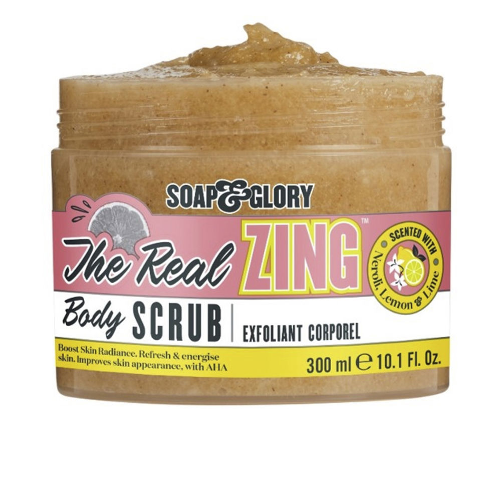 Soap&GloryTheRealZingBodyScrub300ml Product container of The Real Zing Body Scrub by Soap & Glory, a creamy scrub indicated for exfoliating dead skin cells.