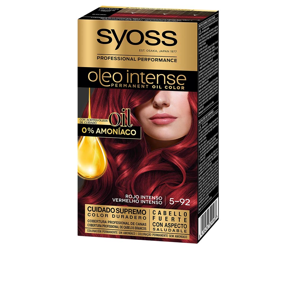SyossOleoIntenseAmmonia-FreePermanentOilColor5.92IntenseRed Box of Syoss Oleo Intense Ammonia-Free Permanent Oil Color 5.92 Intense Red by Syoss, a hair dye for vibrant gray coverage.