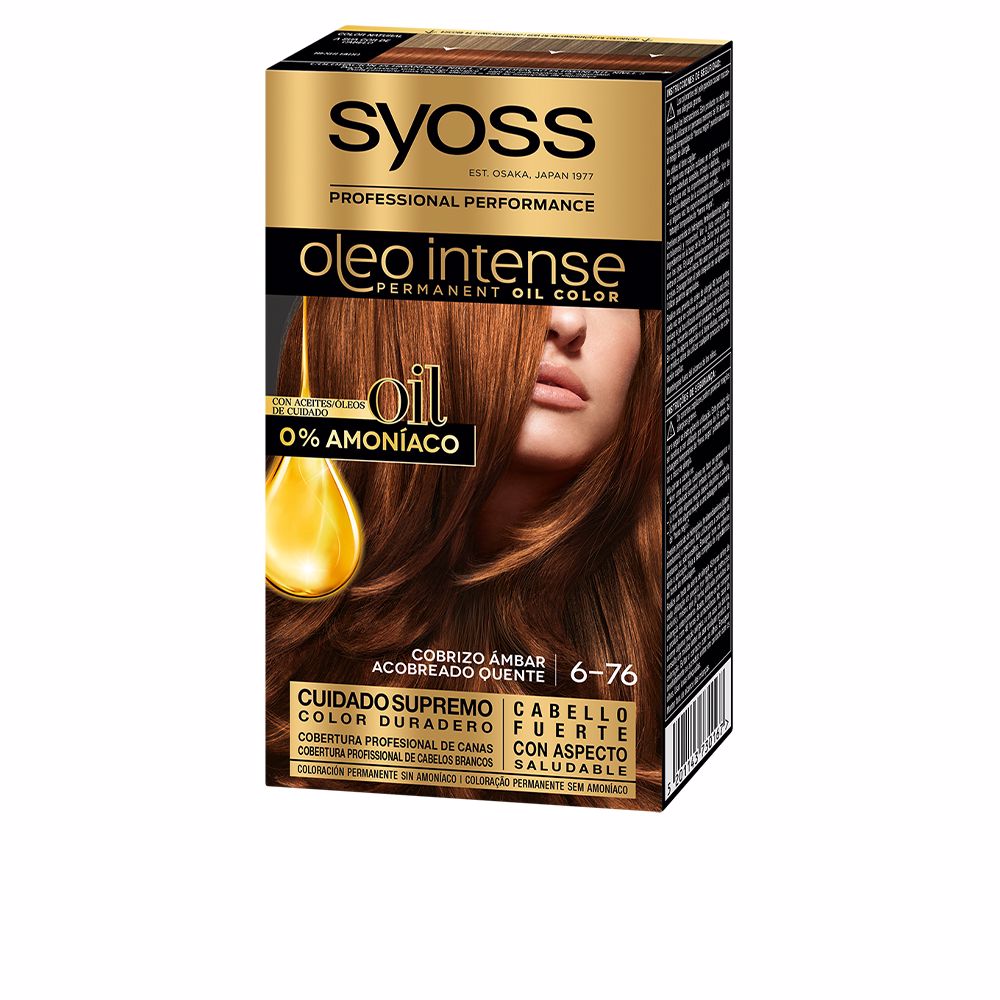 SyossOleoIntenseAmmonia-FreePermanentOilColor6.76AmberCopper Box of Syoss Oleo Intense Permanent Oil Color 6.76 by Syoss, a hair color cream indicated for vibrant amber copper coverage.