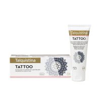 Bottle  of  Talquistina  Tattoo  by  Talquistina,  a  lightweight  lotion  indicated  for  hydrating  and  protecting  tattoos.