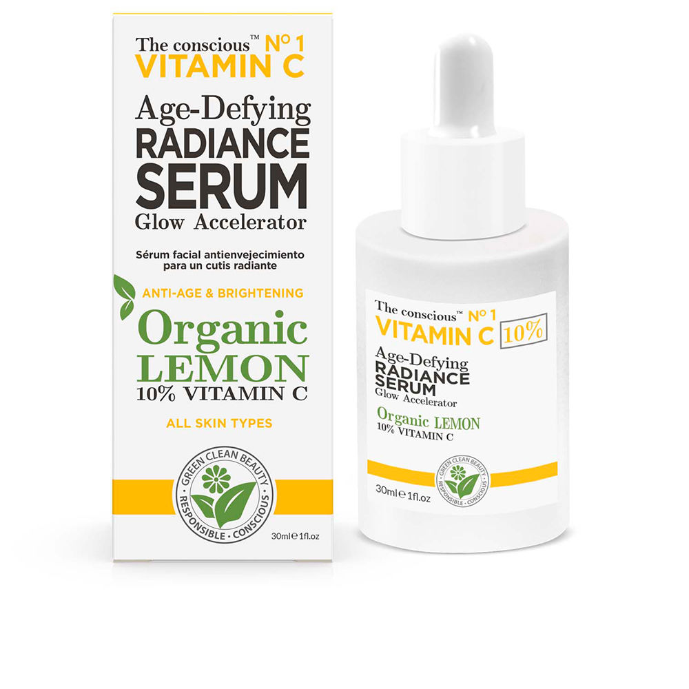 TheConsciousVitaminCAge-DefyingRadianceSerumOrganicLemon30ml Bottle of The Conscious Vitamin C Age-Defying Radiance Serum by The Conscious, a serum indicated for brightening skin.