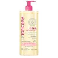 Bottle  of  Topicrem  UH  Shower  Oil  by  Topicrem,  a  shower  oil  indicated  for  hydrating  and  nourishing  dry  sensitive  skin.