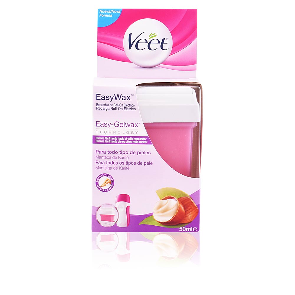 VeetEasyWaxRoll-OnRefillLegs/Arms50ml Product container of Veet Easy Wax Roll-On Refill Legs/Arms by Veet, a creamy wax indicated for hair removal on legs and arms.