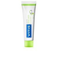 Tube  of  Vitis  Aloe  Vera  Toothpaste  Apple  Mint  by  Vitis,  a  toothpaste  indicated  for  preventing  cavities  and  reducing  plaque.