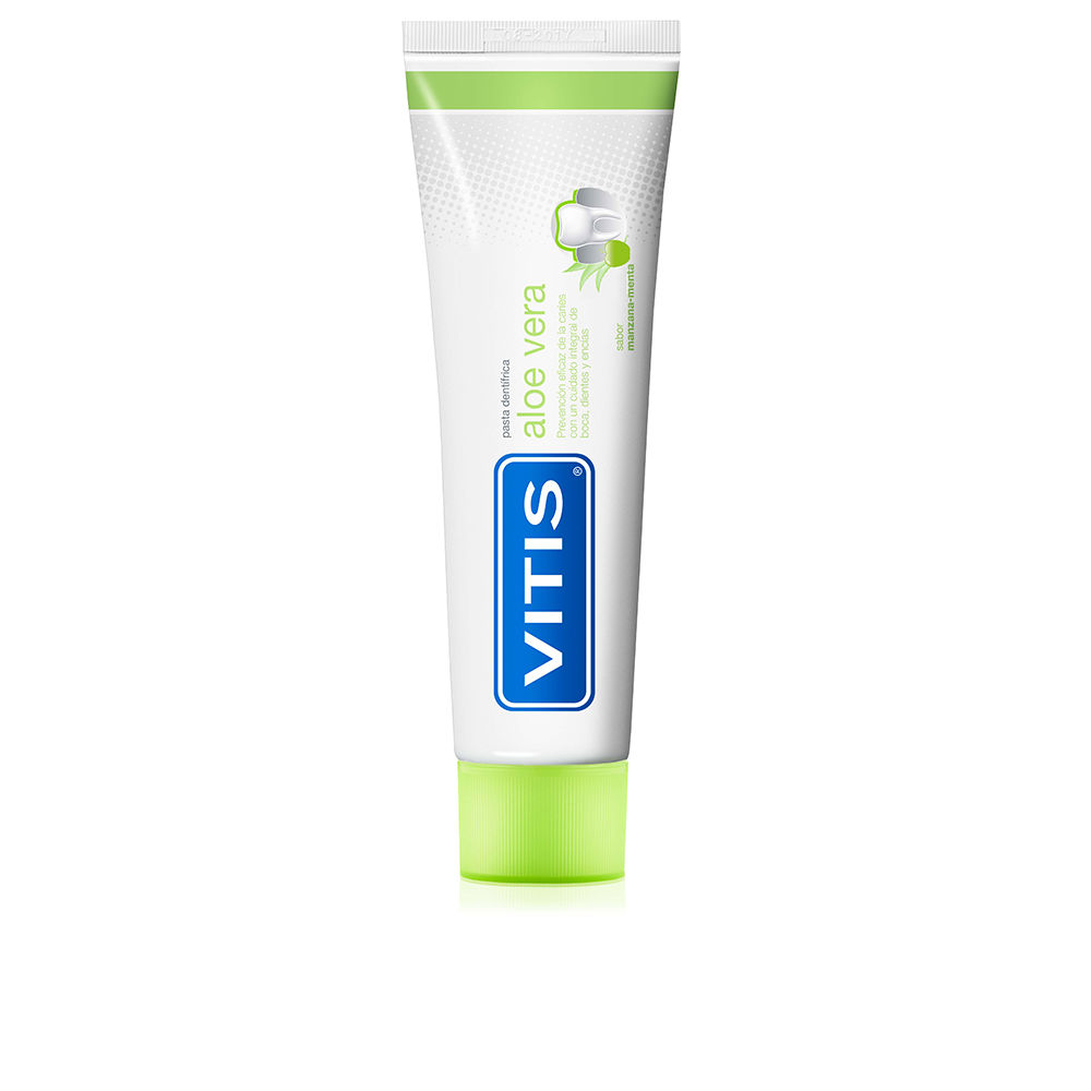 VitisAloeVeraToothpasteAppleMint100ml Tube of Vitis Aloe Vera Toothpaste Apple Mint by Vitis, a toothpaste indicated for preventing cavities and reducing plaque.