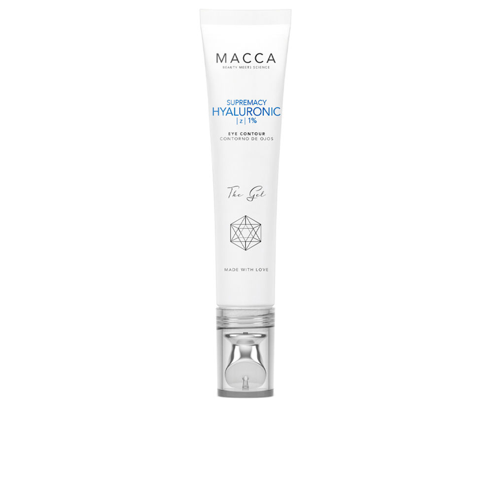 MaccaSupremacyHyaluronicGel15ml Product container of Macca Supremacy Hyaluronic Gel by Macca, a hydrating gel indicated for reducing dark circles and wrinkles.