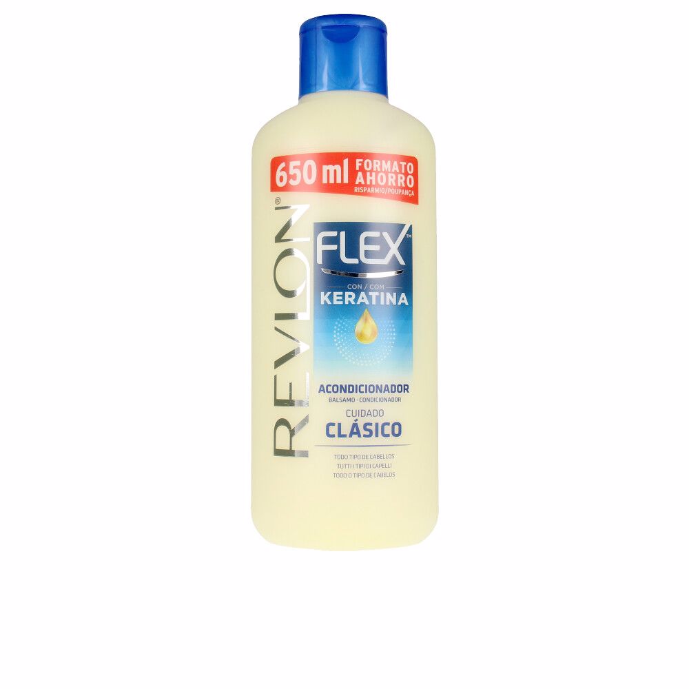 RevlonFlexKeratinConditionerClassicCare650ml Bottle of Revlon Flex Keratin Conditioner Classic Care by Revlon, a conditioner indicated for softening and detangling all hair types.