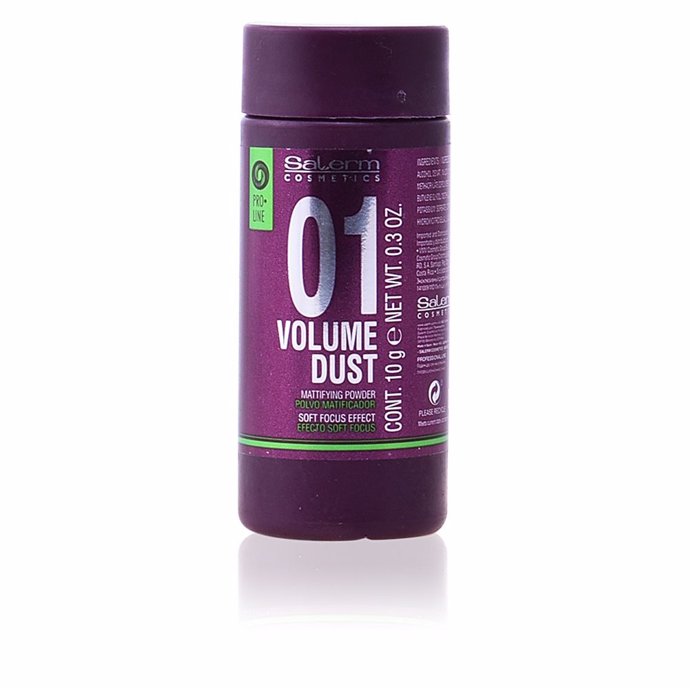 SalermVolumeDustMattifyingPowder10g Product container of Salerm Volume Dust Mattifying Powder by Salerm, a styling powder indicated for adding volume and matte effect.