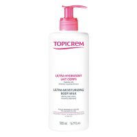 Bottle  of  Topicrem  Ultra  Moisturizing  Body  Milk  by  Topicrem,  a  body  lotion  indicated  for  intense  24h  hydration  of  sensitive  skin.