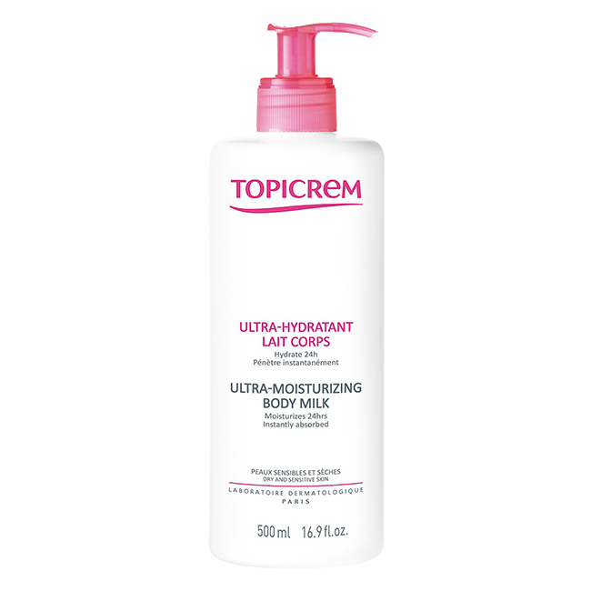 Topicrem Ultra-Hidratante Leite de Corpo 500ml Bottle of Topicrem Ultra Moisturizing Body Milk by Topicrem, a body lotion indicated for intense 24h hydration of sensitive skin.