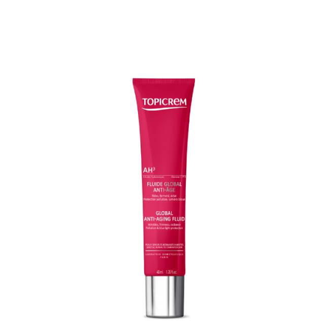 TopicremAHGlobalAnti-AgingFluid40ml Bottle of AH Global Anti-Aging Fluid by Topicrem, a light fluid indicated for reducing wrinkles and increasing skin firmness.