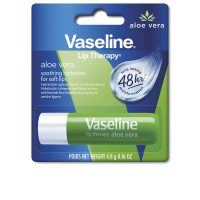 Product  container  of  Vaseline  Lip  Balm  Stick  Aloe  Vera  by  Vaseline,  a  lip  balm  indicated  for  hydrating  and  soothing  the  lips.